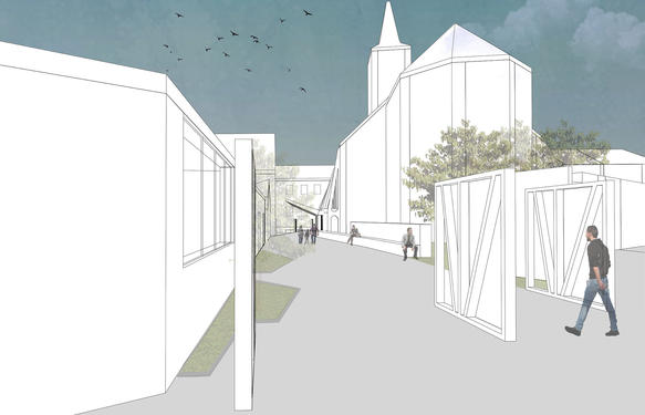 Perspective towards the city - the porch of the church as a point of call